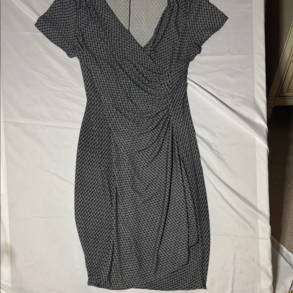 Talbots Black and Gray Faux Wrap Patterned Midi Dress